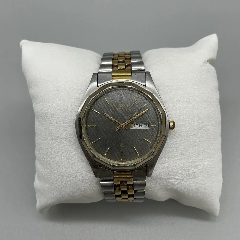 Vintage Citizen Men Watch 35mm Gray Dial Two Tone Day Date For Parts Not Running
